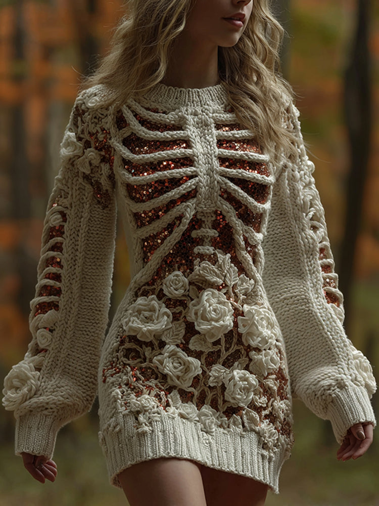 Women's Skeleton Flower Art Knit Mini Sweater Dress