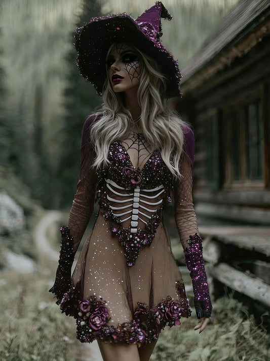 Women's Witch Rhinestone Skull Flower Midi Dress