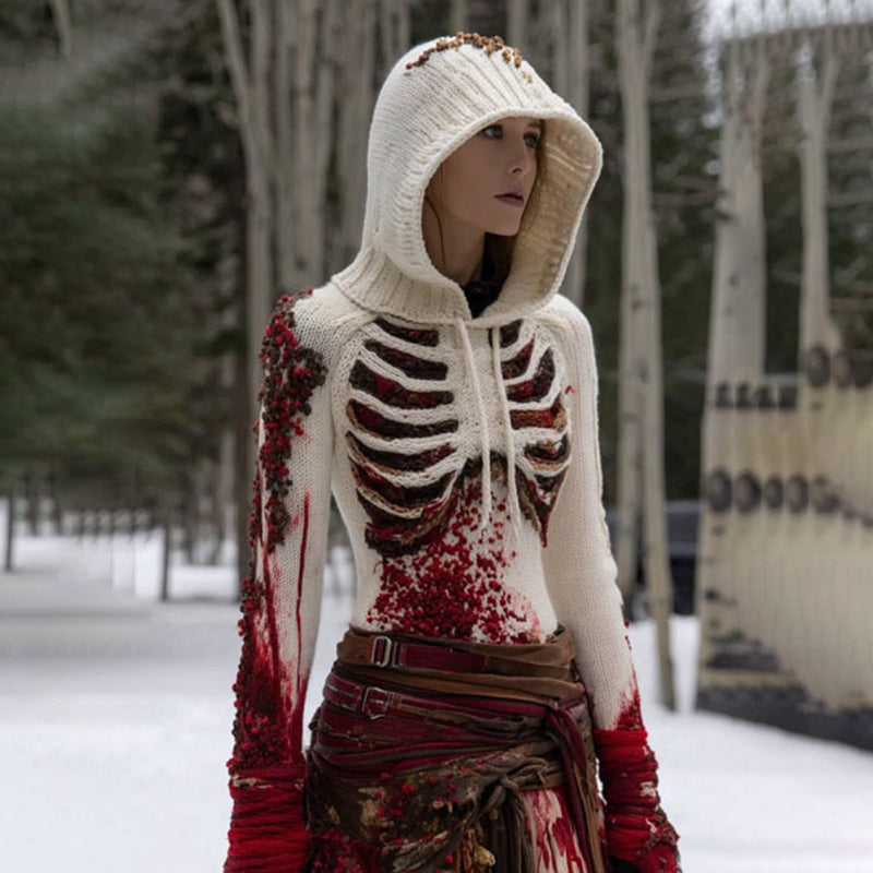 Women's Vintage Skeleton Gradient Knit Hooded Sweater