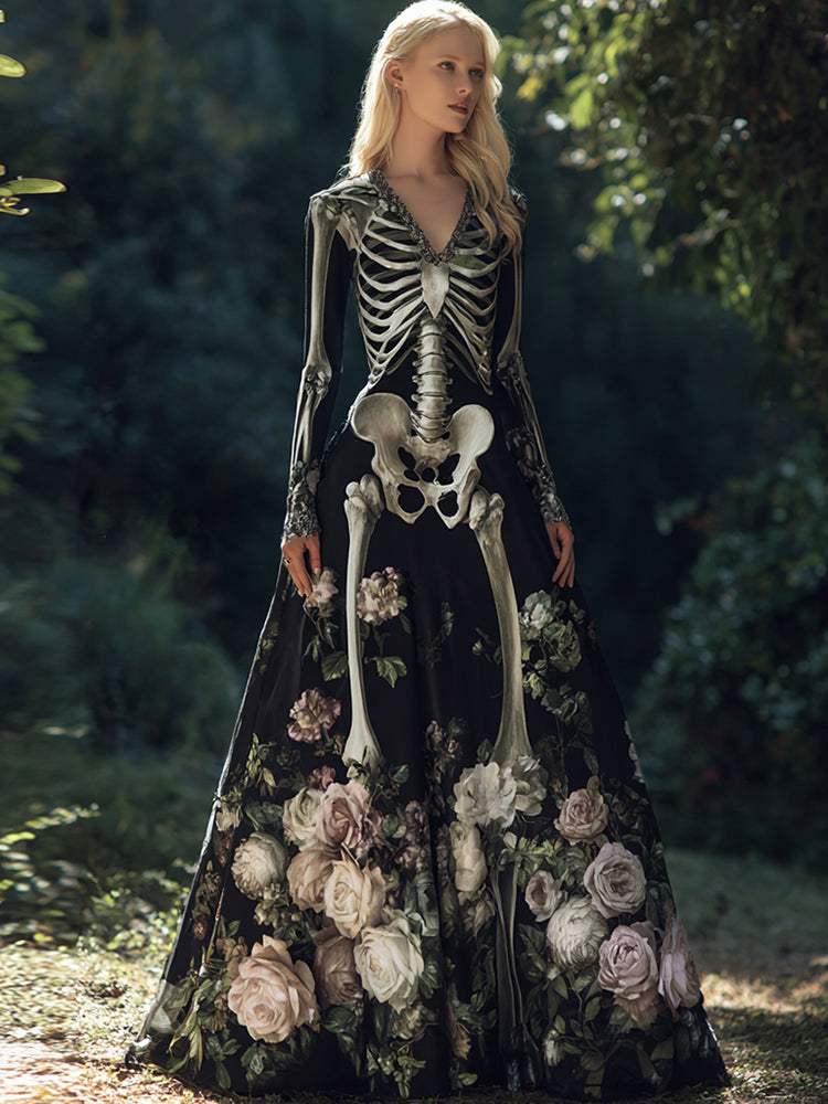 Women's Halloween Skull Rose Art Elegant V-neck Dress