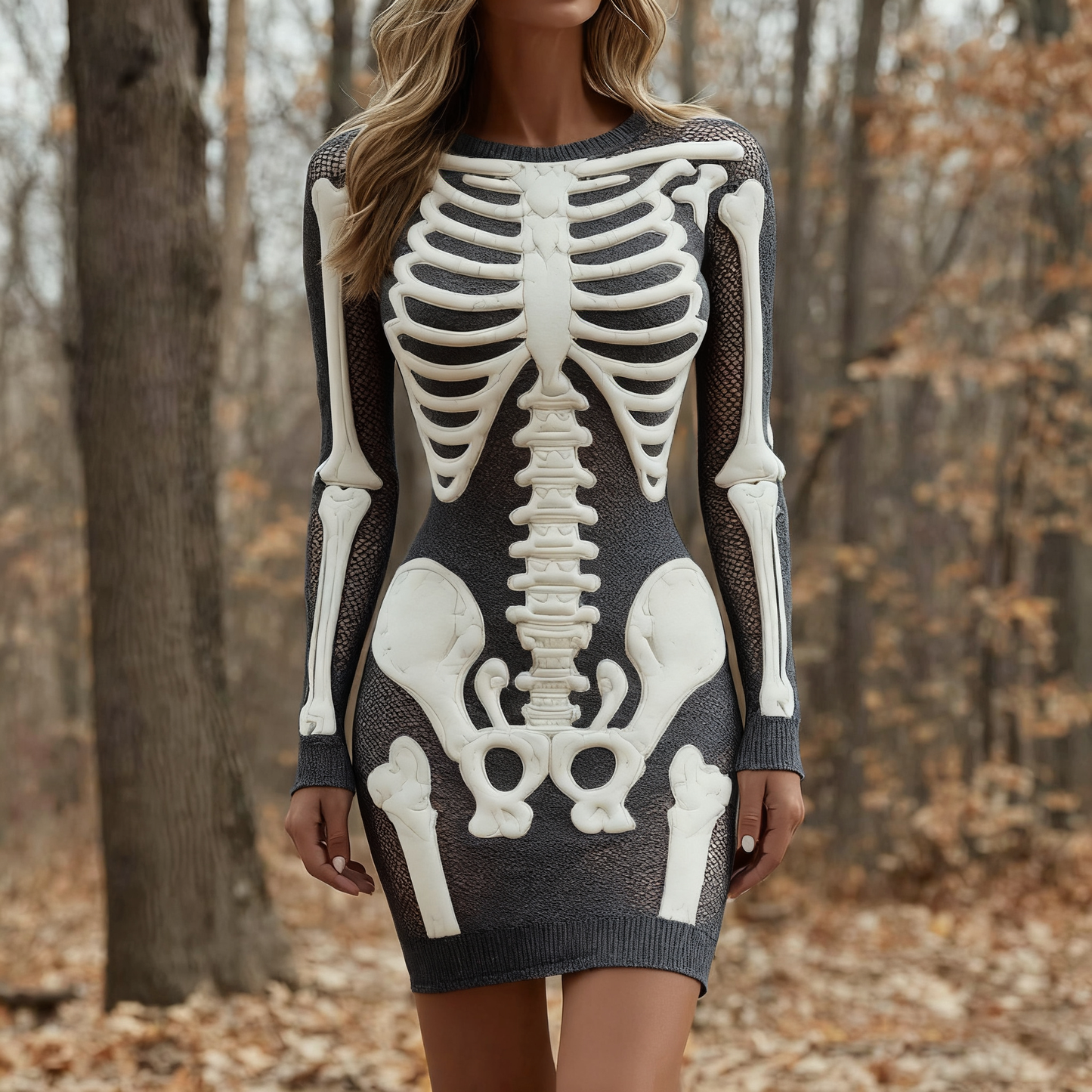 Women's Vintage Halloween Skeleton Bones Comfortable Elegant Sweater Dress