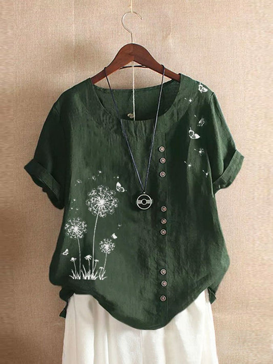 Airrys™ Cotton Linen Print Dandelion Short Sleeve Shirt
