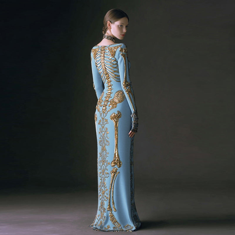 Women's Halloween Dark Brother Skull Velvet Round Neck Maxi Dress