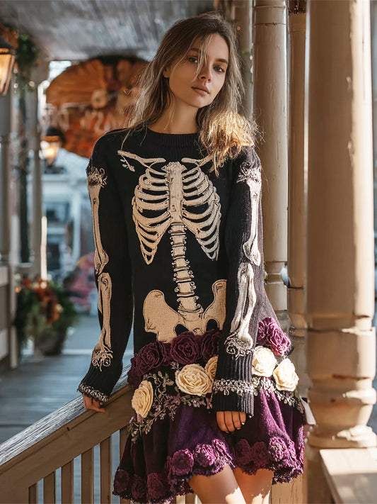 Skeleton & Floral Embroidery Art Women's Knit Mini Dress
