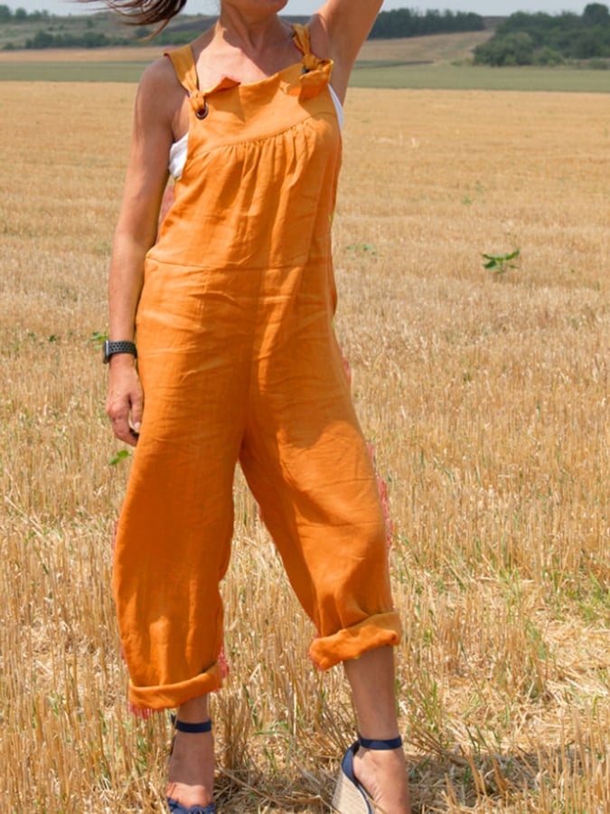 Solid Loose Cotton Linen Strap Jumpsuit