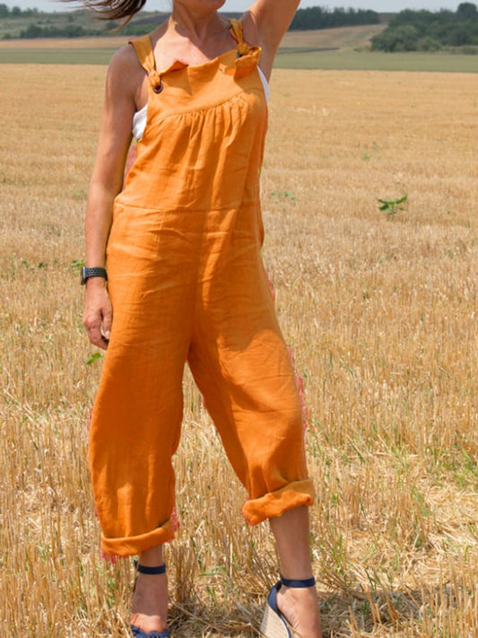 Solid Loose Cotton Linen Strap Jumpsuit