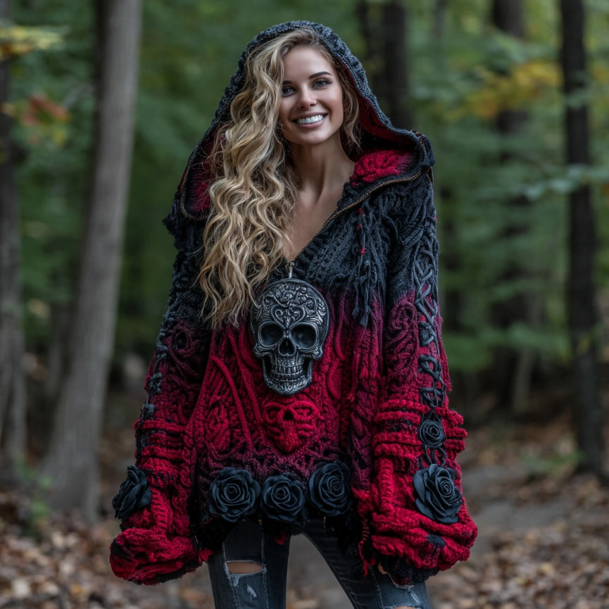 Women's Vintage Viking Tribal Celtic Skull Gradient Art Cozy Knitted Zipper Hoodie