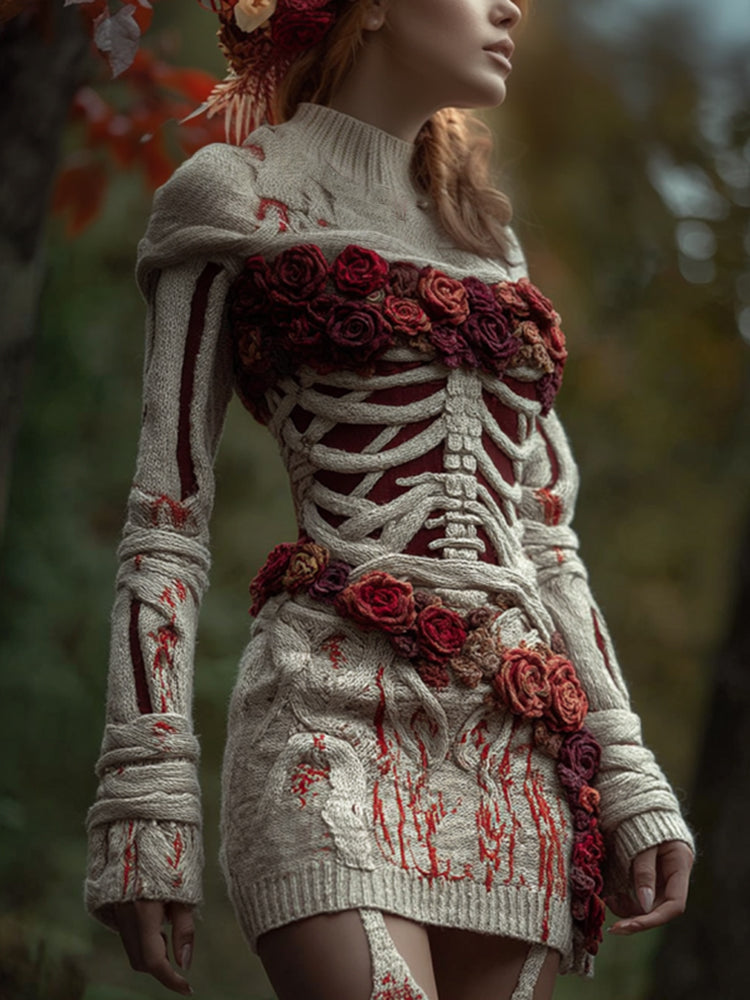 Women Halloween Skeleton And Rose Red Skirt