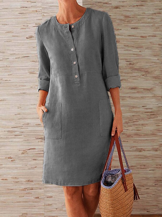 Ladies Cotton Linen Round Neck Long Sleeve Dress