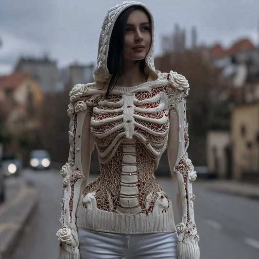 Women's Halloween Skull And White Rose Mesh Sweater