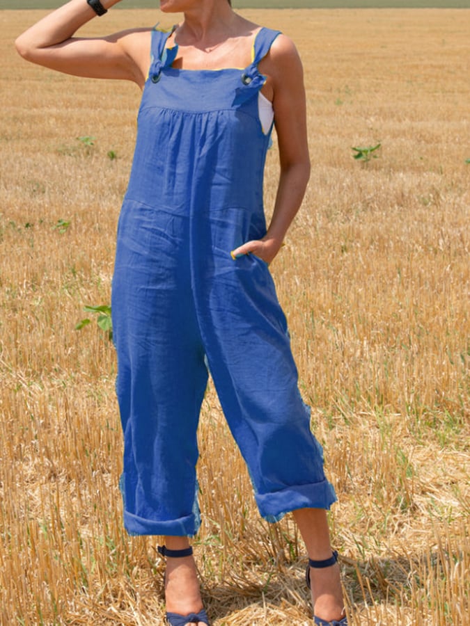 Solid Loose Cotton Linen Strap Jumpsuit