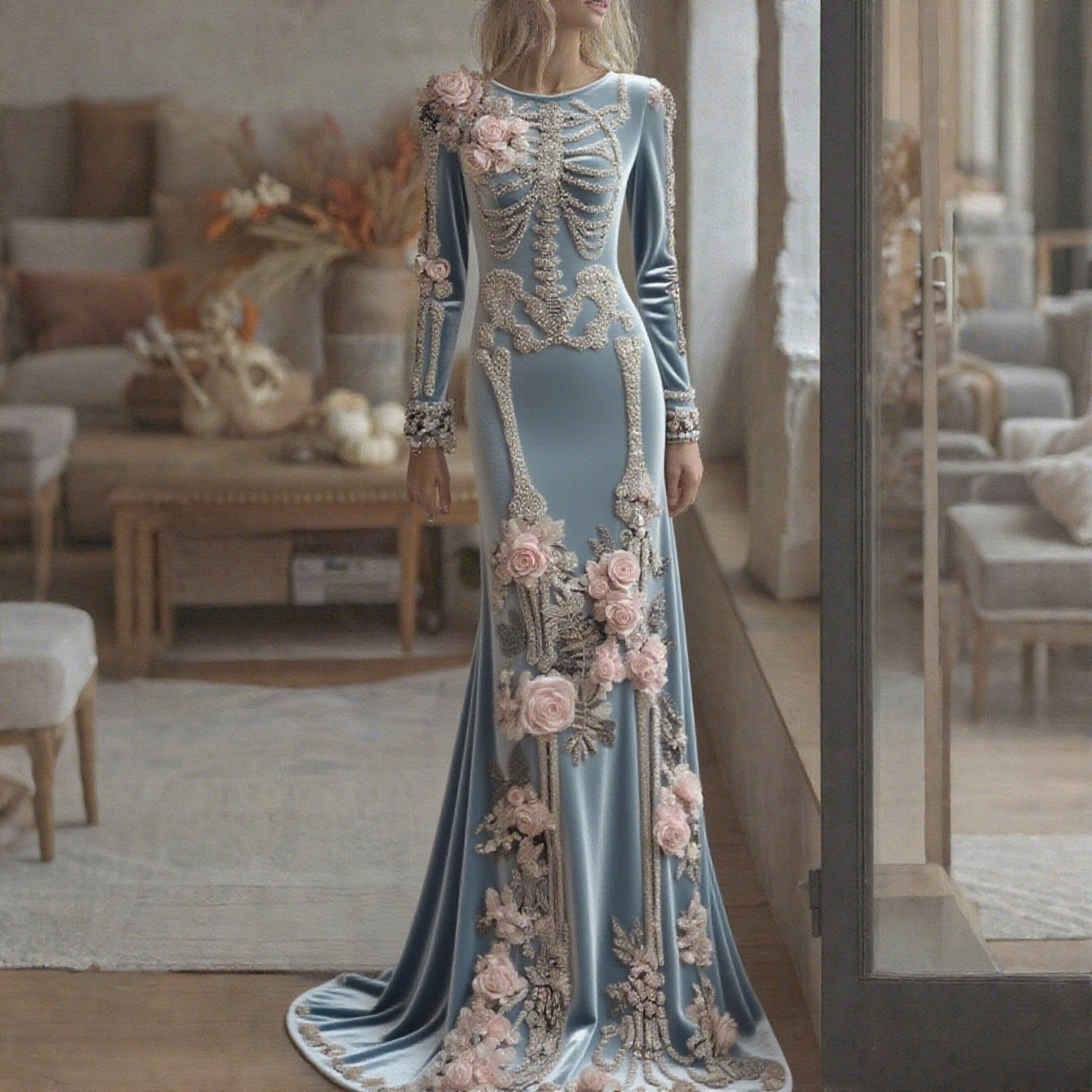 Women's Halloween Dark Gothic Rose Skeleton Velvet Round Neck Maxi Dress