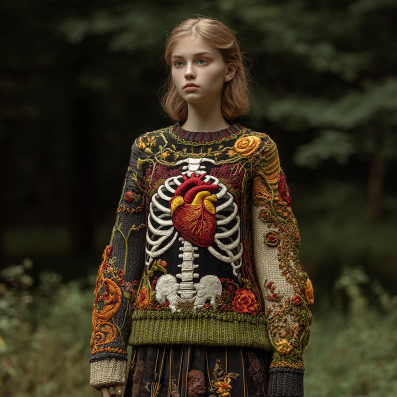 Vintage Halloween Anatomical Heart And Floral Art Sweater