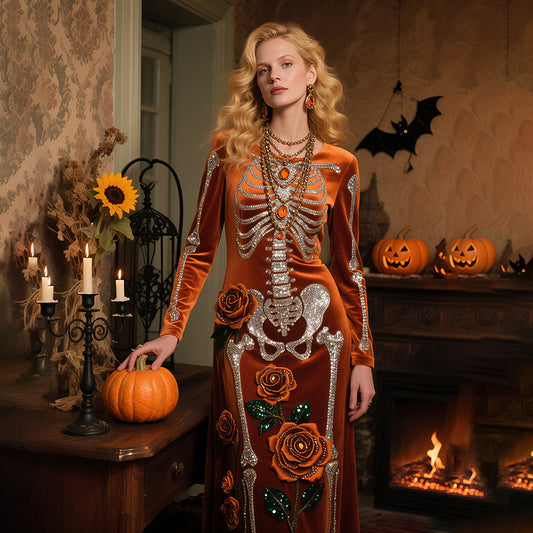 Vintage Halloween Skeleton Bones With Roses Flowy Velvet Maxi Dress