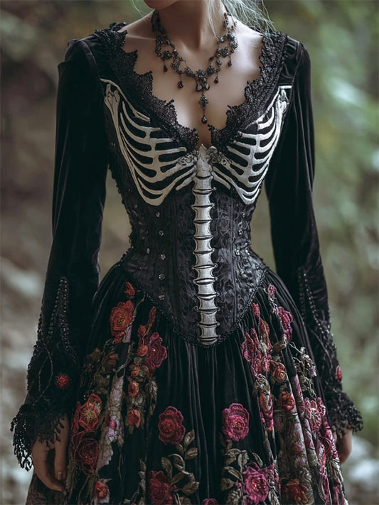 Vintage Skeleton Red Roses Embroidered Velvet Maxi Dress