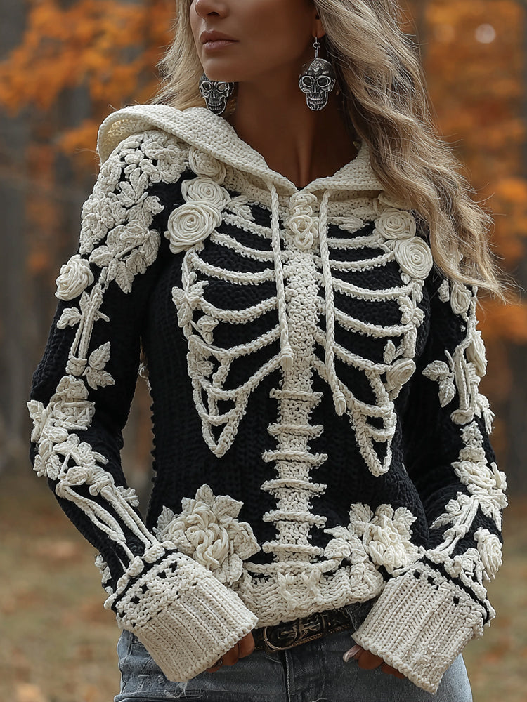 Women's Halloween Skeleton Bones With Roses Art Knitted Warm Hooded Sweater