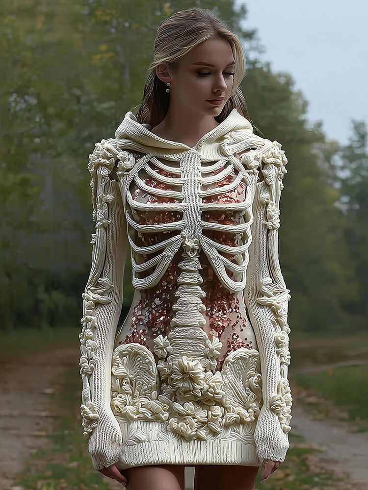 Women's Vintage Halloween Skeleton Bones With Glitter And Rose Art Cozy Knit Hooded Sweater Dress