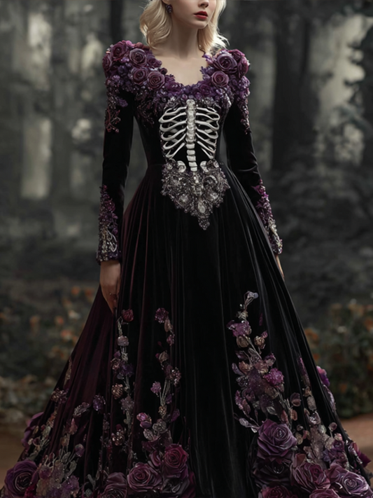 Woman's Velvet-textured Long Dress Designed With A Combination Of Halloween Skeleton And Plant Flower Patterns.
