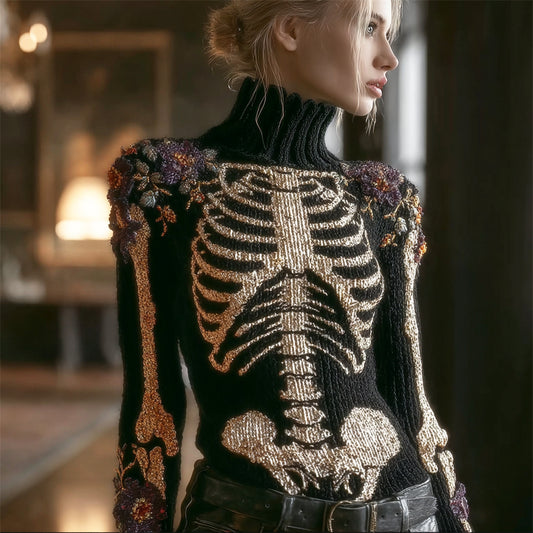 Skeleton & Floral Women's High-neck Knit Sweater