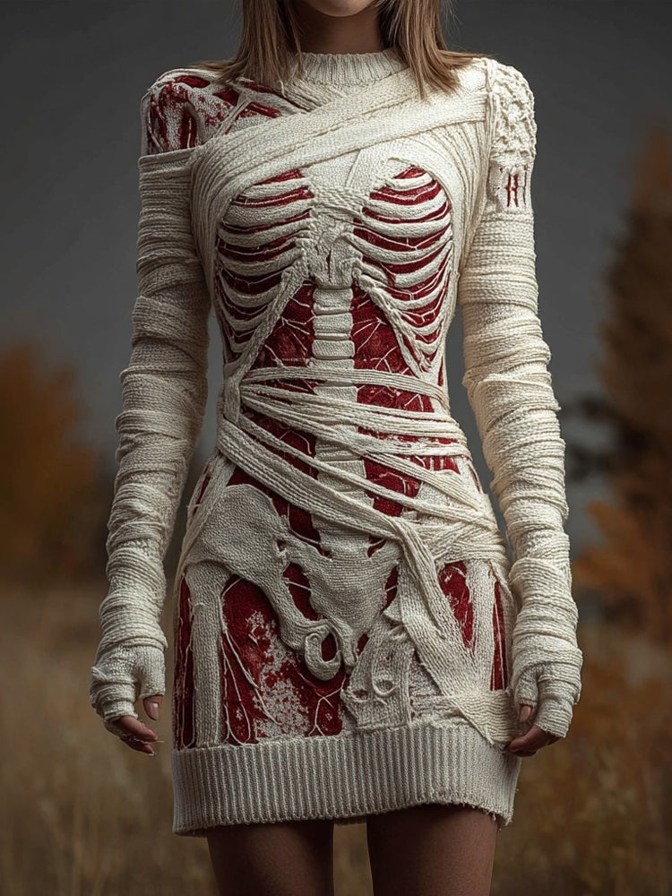 Vintage Halloween Skeleton Bandage Art Cozy Sweater Dress