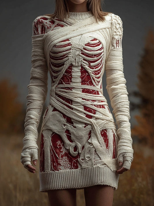 Vintage Halloween Skeleton Bandage Art Cozy Sweater Dress