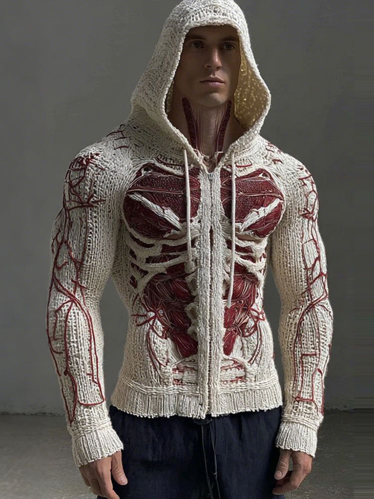 Men's Retro Contrast Skull Art Comfort Zip Hooded Sweater