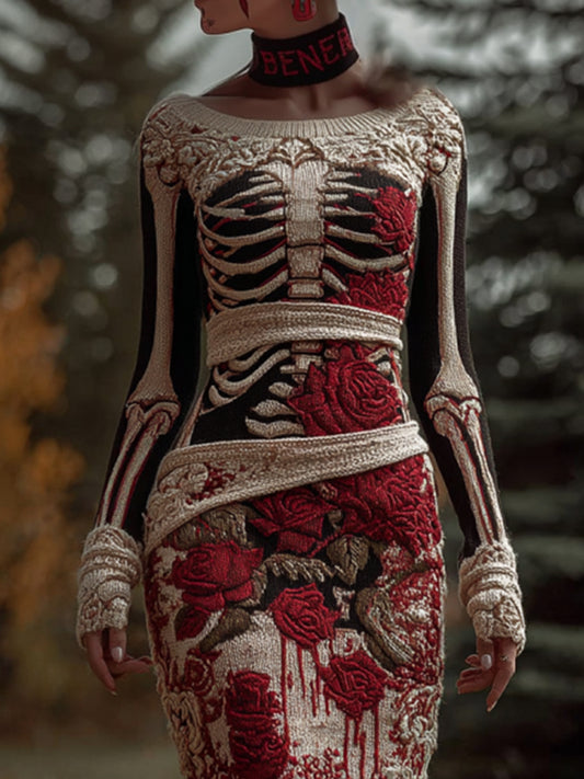 Women's Halloween Skeleton Rose Art Knitted Round Neck Dress