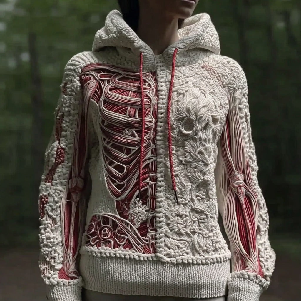 Women's Vintage Halloween Skull And Muscle Art Knitted Warm Hooded Sweater