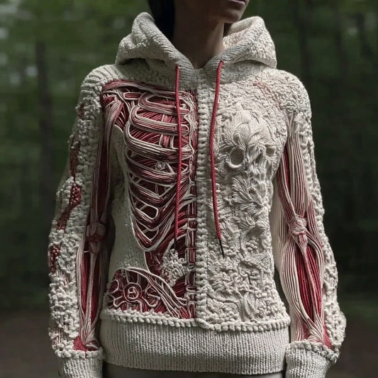 Women's Vintage Halloween Skull And Muscle Art Knitted Warm Hooded Sweater