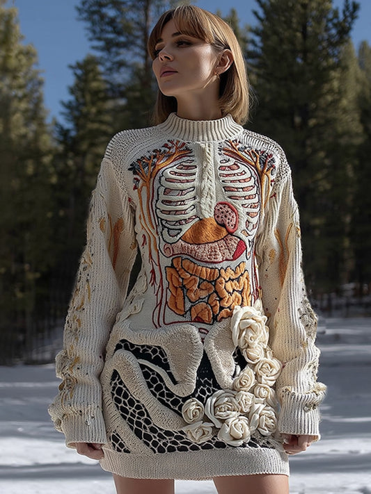 Women's Vintage Halloween Anatomy Art Cozy Knit Mini Sweater Dress