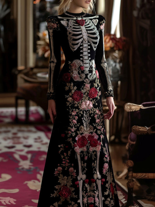 Women's Mexican Rose Skeleton Velvet Round Neck Maxi Dress