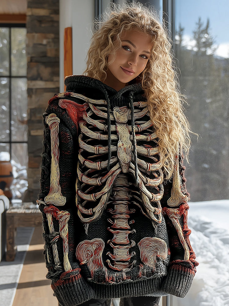 Vintage Halloween Bloody Skeleton Bones Art Chunky Knitted Hooded Sweater