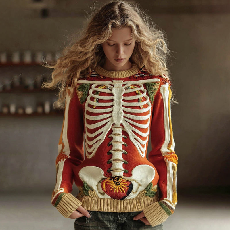 Vintage Halloween Anatomy With Halloween Pumpkin Art Chunky Knitted Sweater