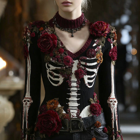 Women's Skeleton Bones Roses Art V Neck Knit Warm Sweater