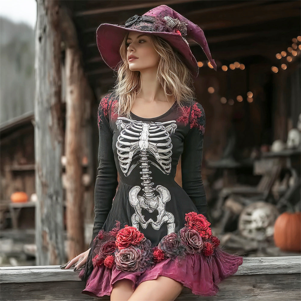 Halloween Witch Skeleton & Floral Lady Long-sleeve Mini Dress