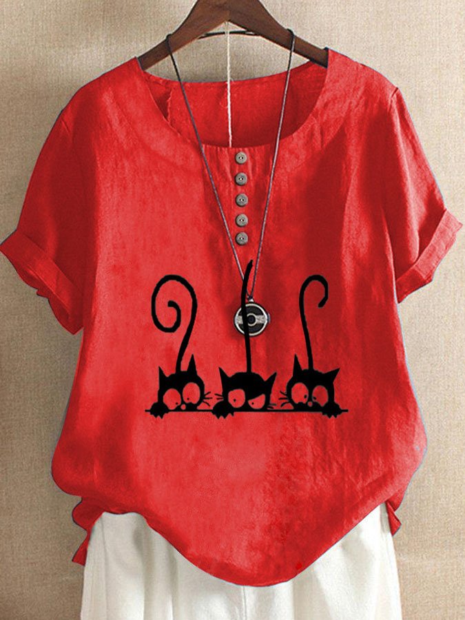 Cat Print Cotton And Linen Shirt