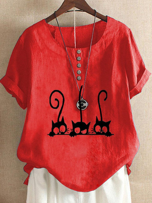 Cat Print Cotton And Linen Shirt