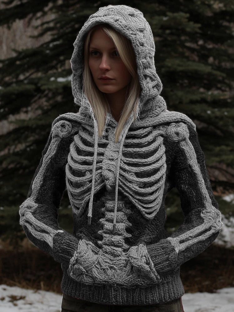 Women's Vintage White Skeleton Gradient Art Cozy Hooded Sweater