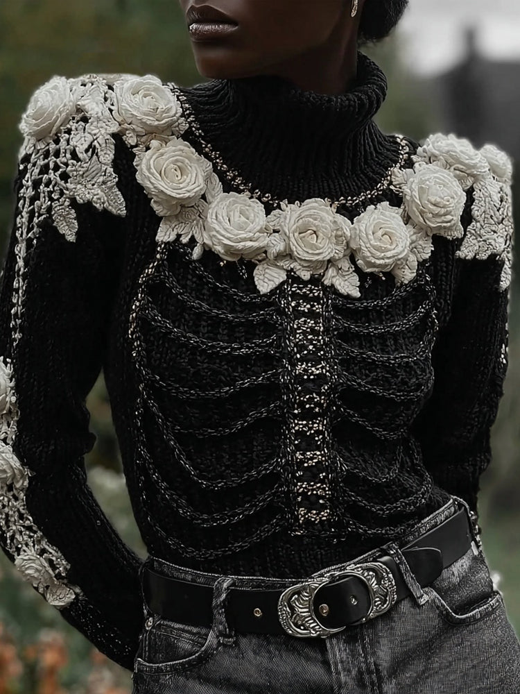 Classy Skeleton Roses Embroidered Cozy Turtleneck Sweater