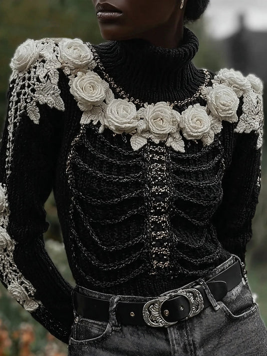 Classy Skeleton Roses Embroidered Cozy Turtleneck Sweater