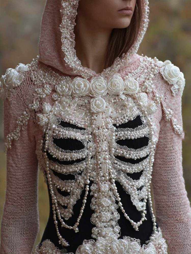 Women's Retro Halloween Plant Flower And Skull Art Design Knitted Hooded Sweater