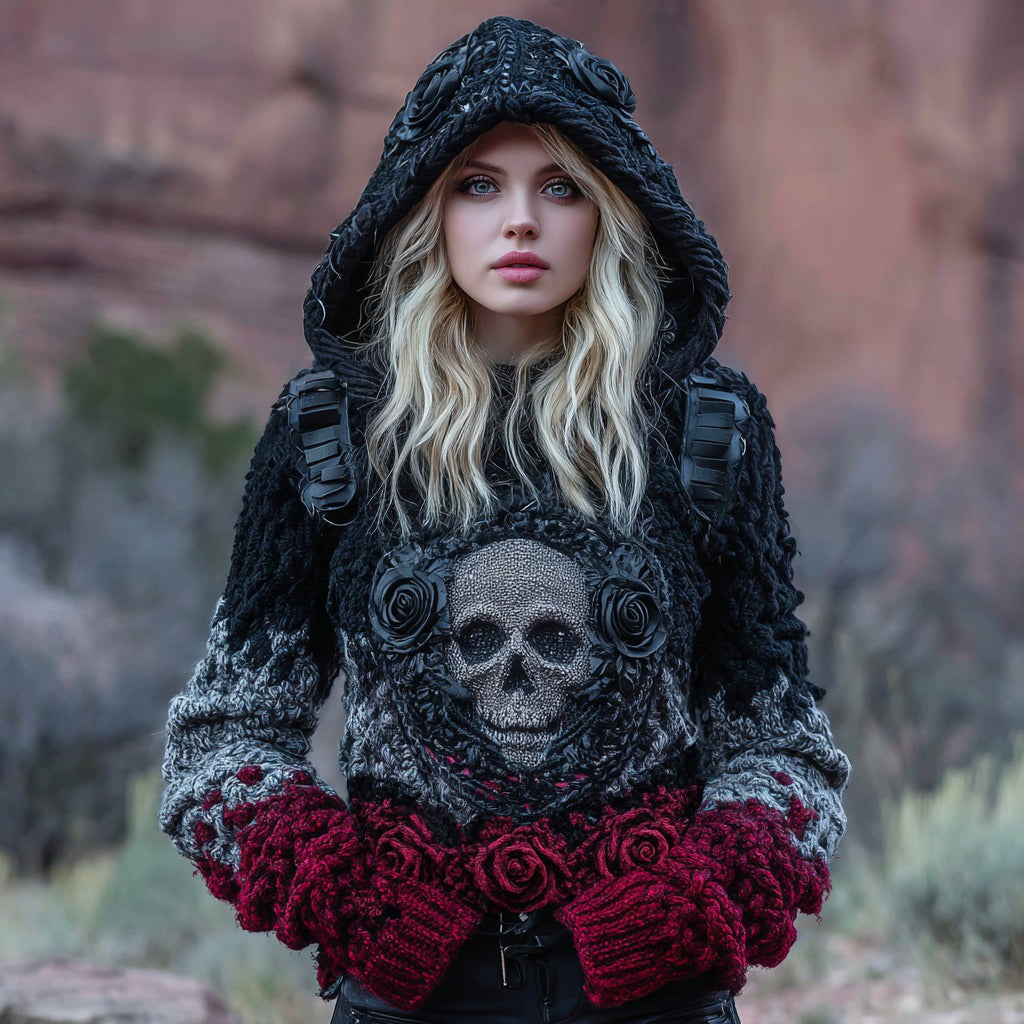 Women's Tribal Dark Style Rose Skull Art Chunky Knit Hooded Sweater