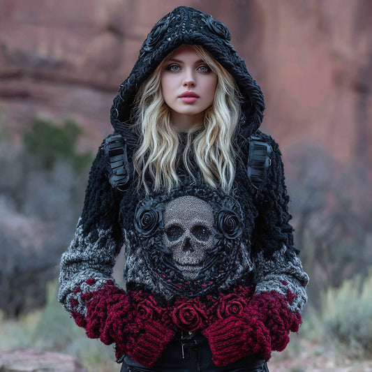 Women's Tribal Dark Style Rose Skull Art Chunky Knit Hooded Sweater