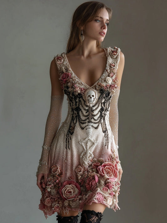 Vintage Skull Roses Glitter Gradient V Neck Mini Dress
