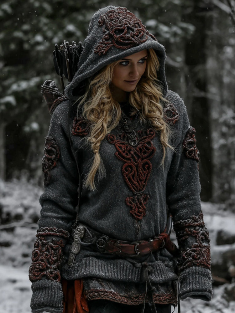 Women's Vintage Viking Pattern Embroidery Casual Hooded