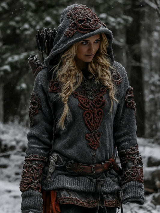 Women's Vintage Viking Pattern Embroidery Casual Hooded
