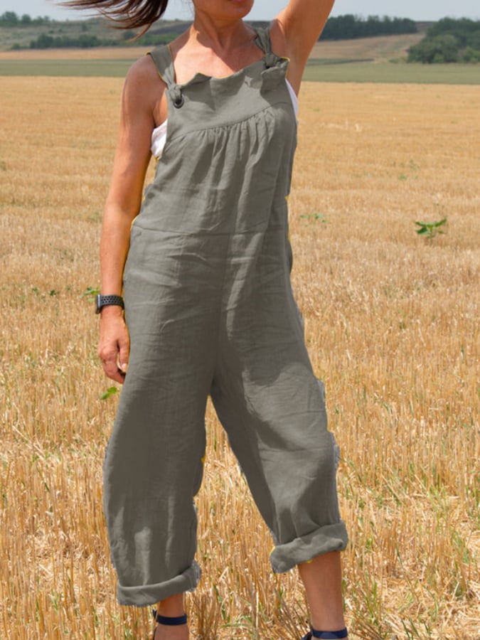 Solid Loose Cotton Linen Strap Jumpsuit