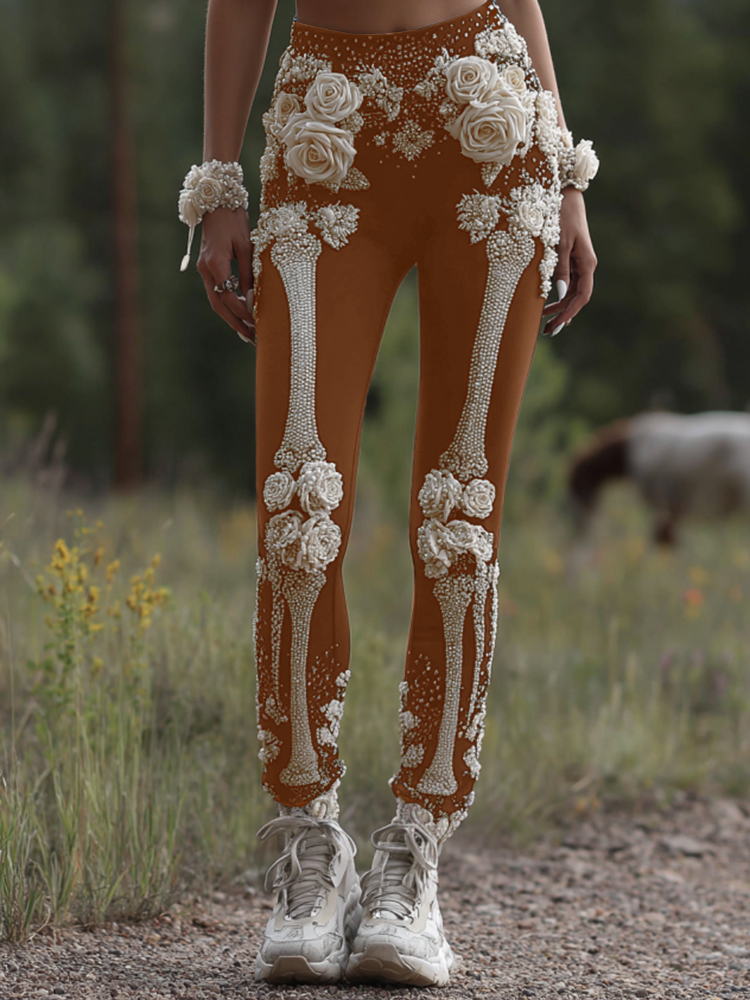 Vintage Halloween Skeleton Bones With Rose Art Cozy Knit Leggings