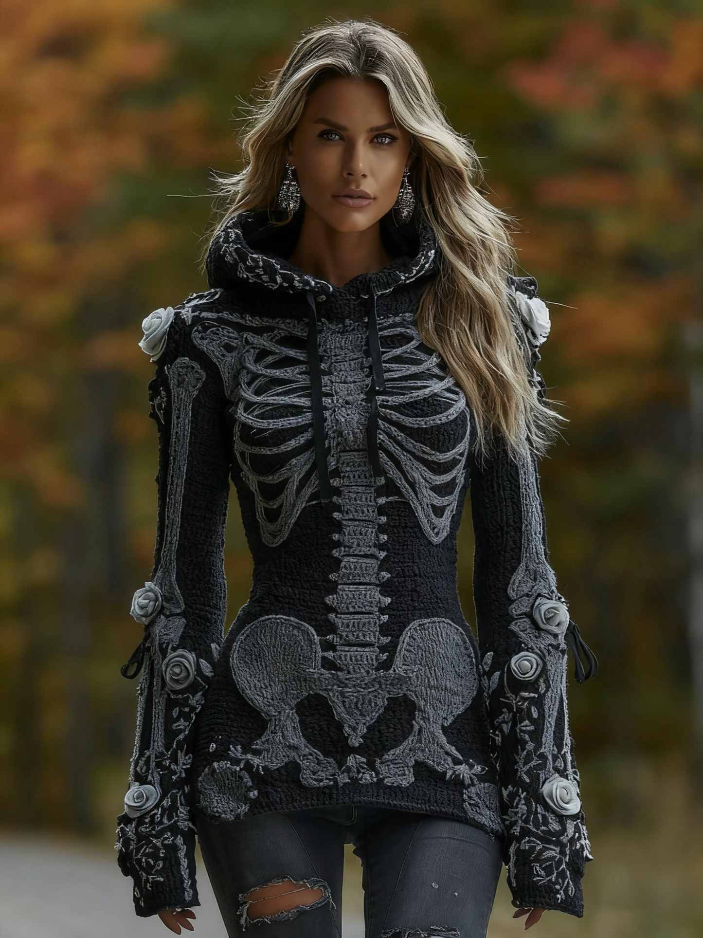 Women's Halloween Skeleton Bones With Roses Art Knitted Warm Hooded Sweater