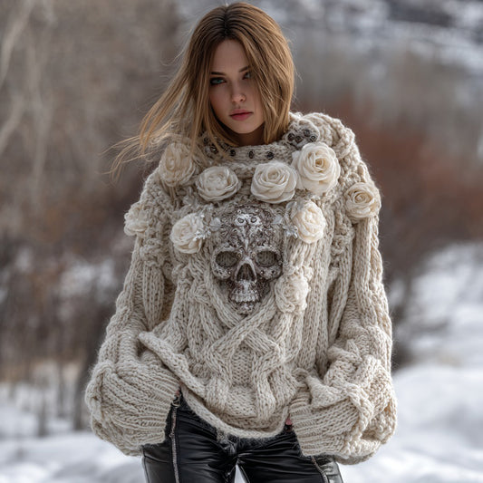 Vintage Viking Celtic White Rose Skull Cozy Knit Turtleneck Sweater